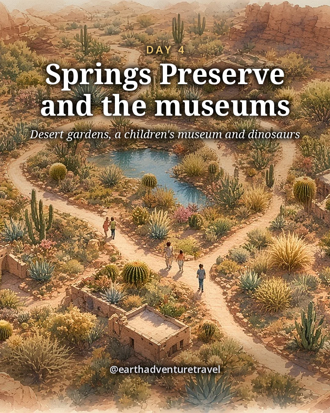 Illustration: winding gravel paths through a desert garden of agaves and cactus seen from above, with a tiny family on a path, illustrated day card for Day 4
