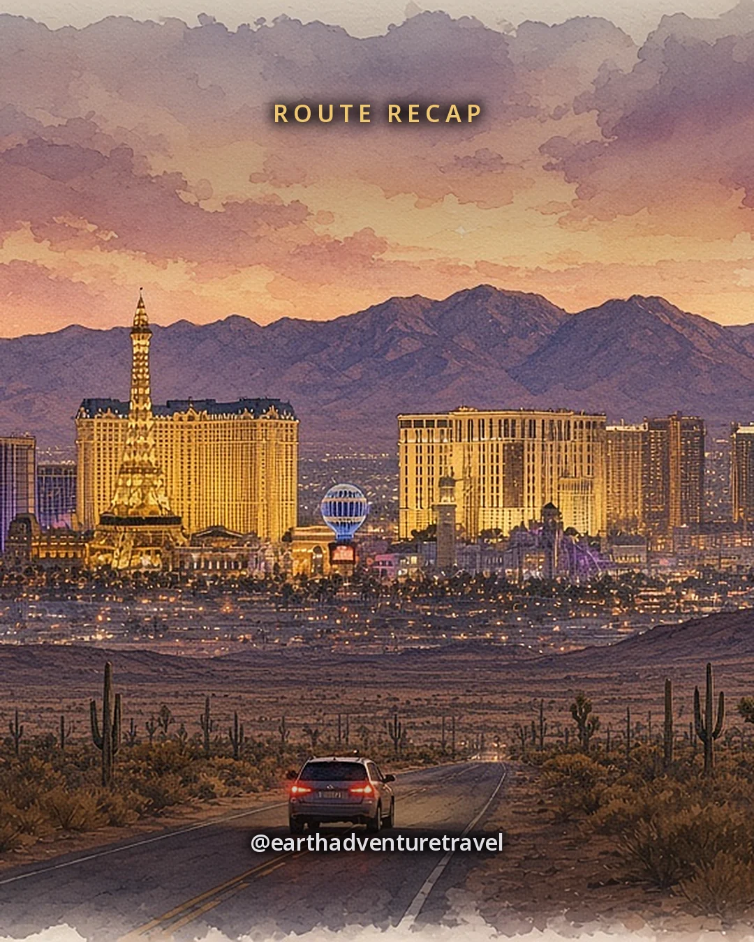 Illustration: the drive back into the valley at dusk, a small car on a desert road among creosote bushes with the city glowing below violet mountains, original illustrated recap card