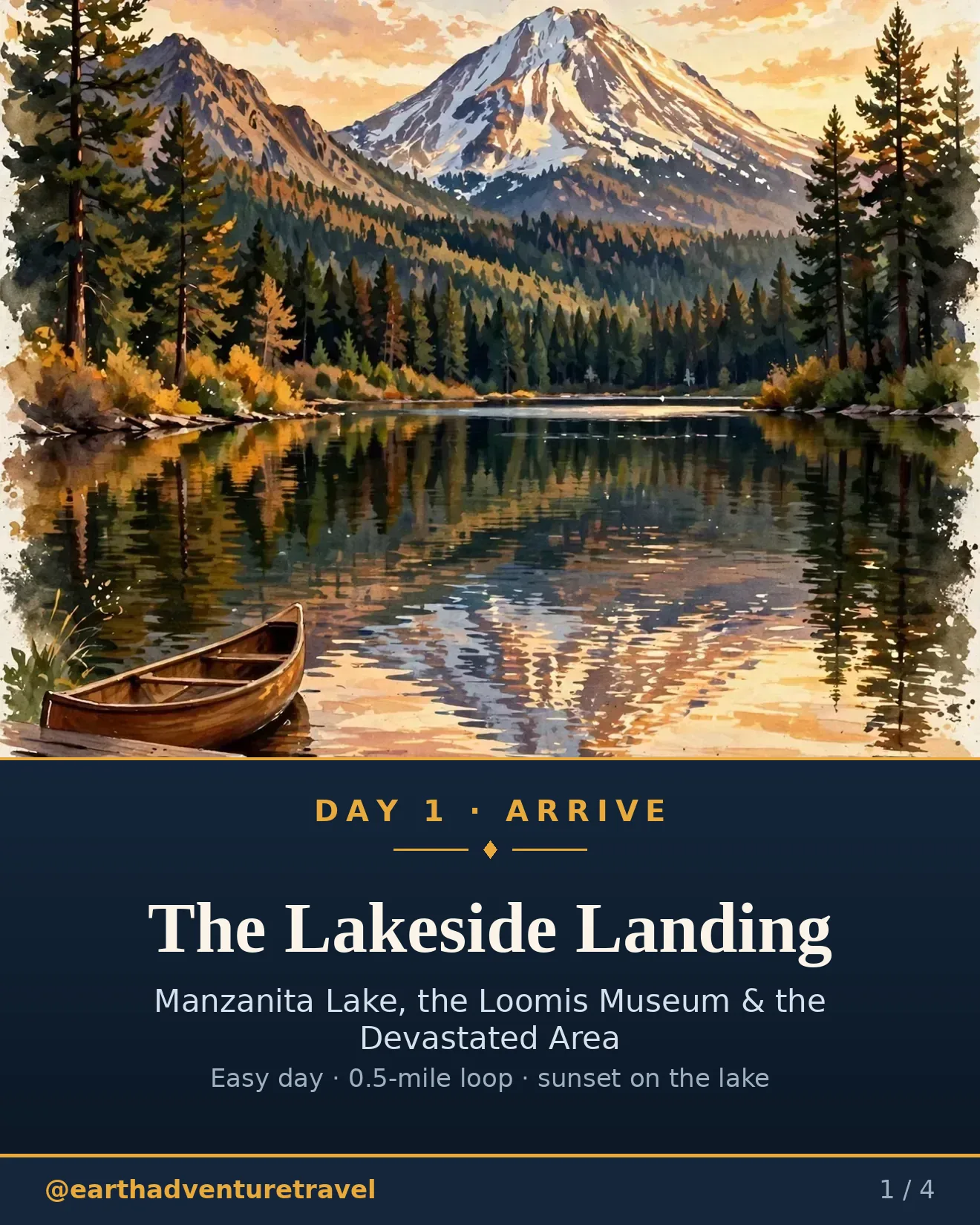 Day 1 graphic: arriving at Manzanita Lake beneath Lassen Peak