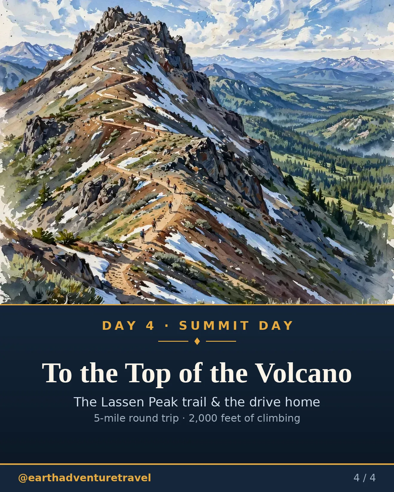 Day 4 graphic: the Lassen Peak trail climbing toward the summit