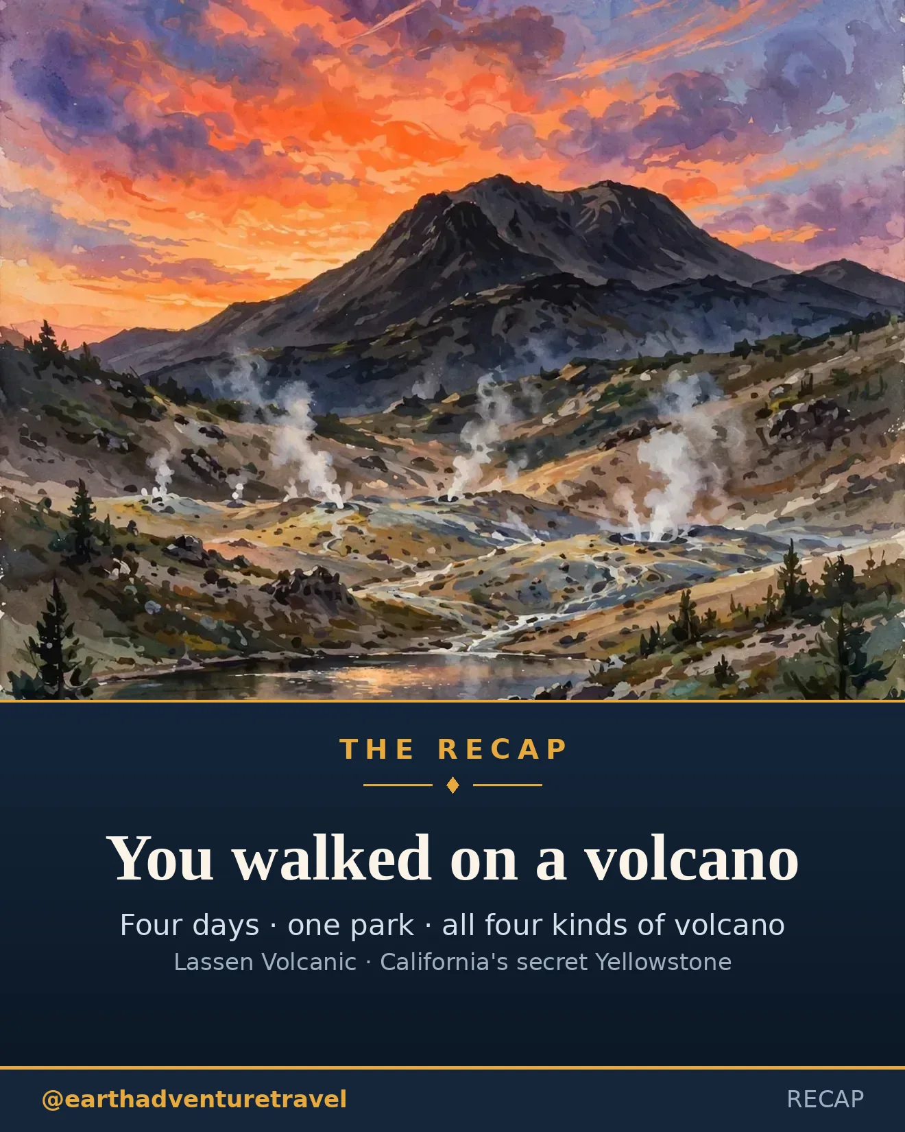 Saveable recap graphic for the four-day Lassen Volcanic family route