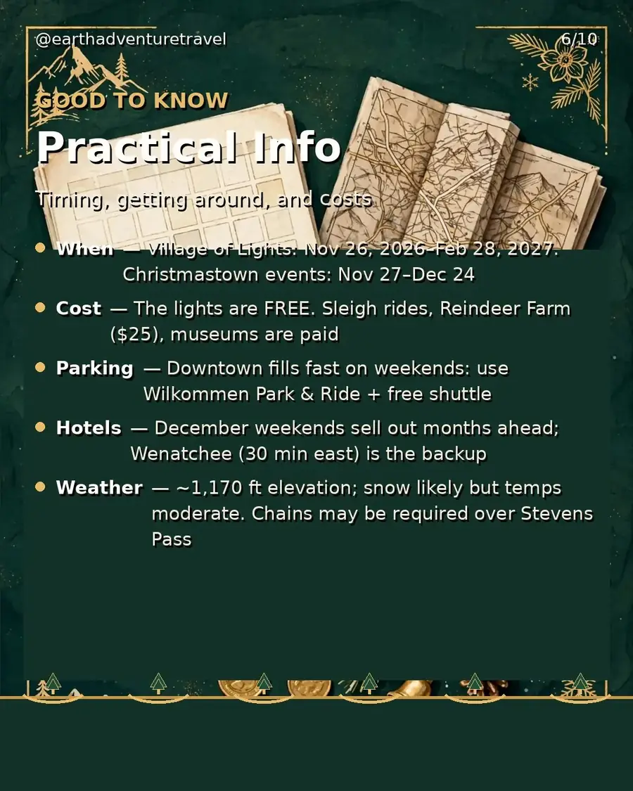Practical information graphic for the Leavenworth Christmas family trip