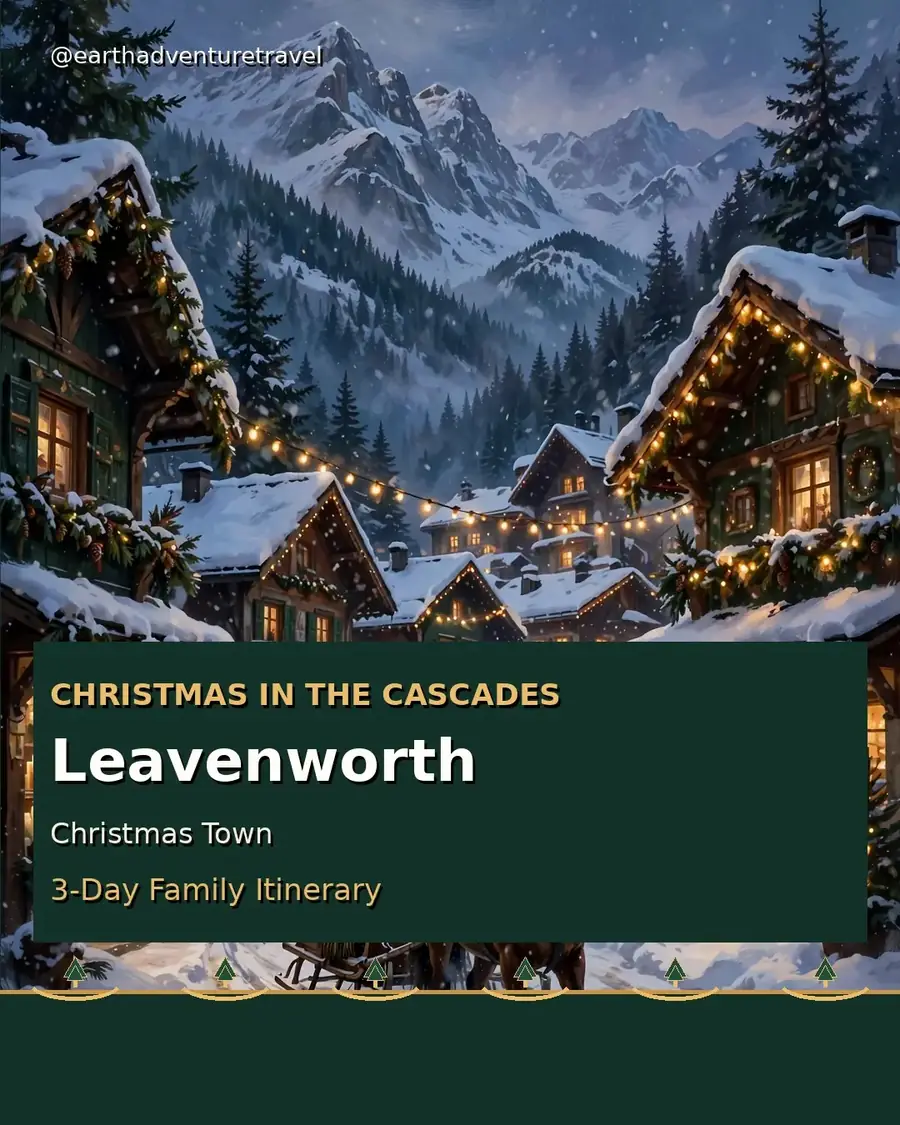Illustrated Leavenworth Bavarian village at Christmas with snow and glowing lights