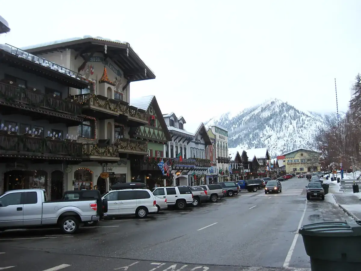 Front Street Leavenworth with Bavarian storefronts and Christmas lights