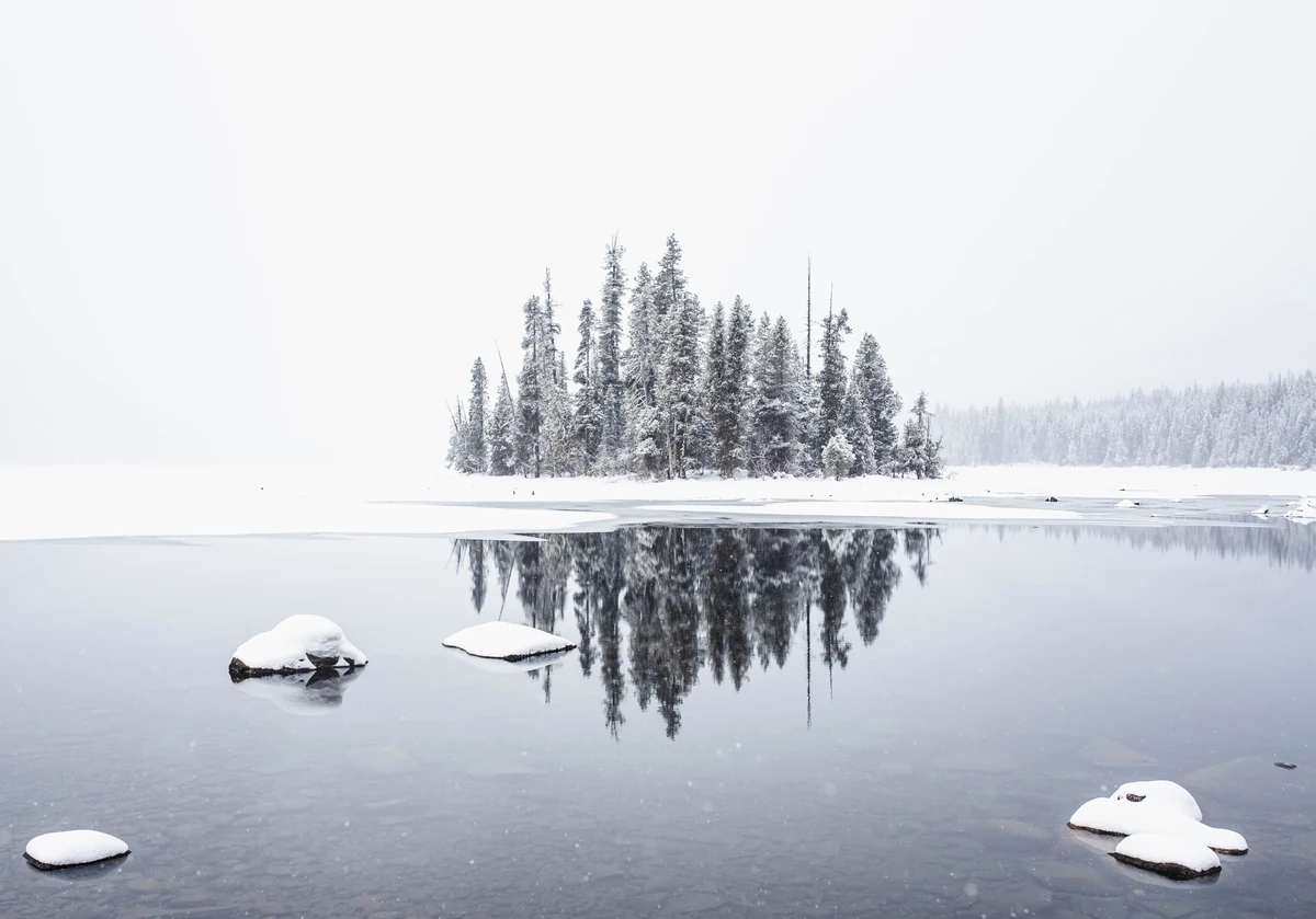 Lake Wenatchee State Park in winter with snowy shoreline