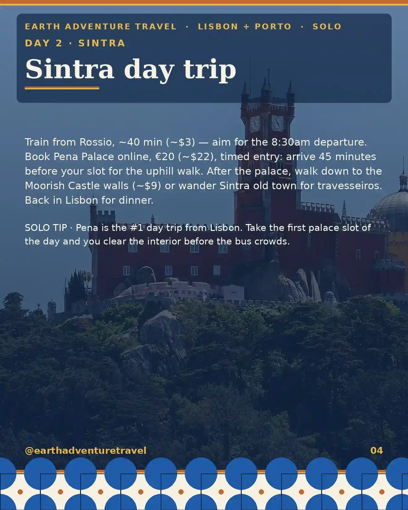 Day 2 itinerary card: Sintra day trip, Pena Palace