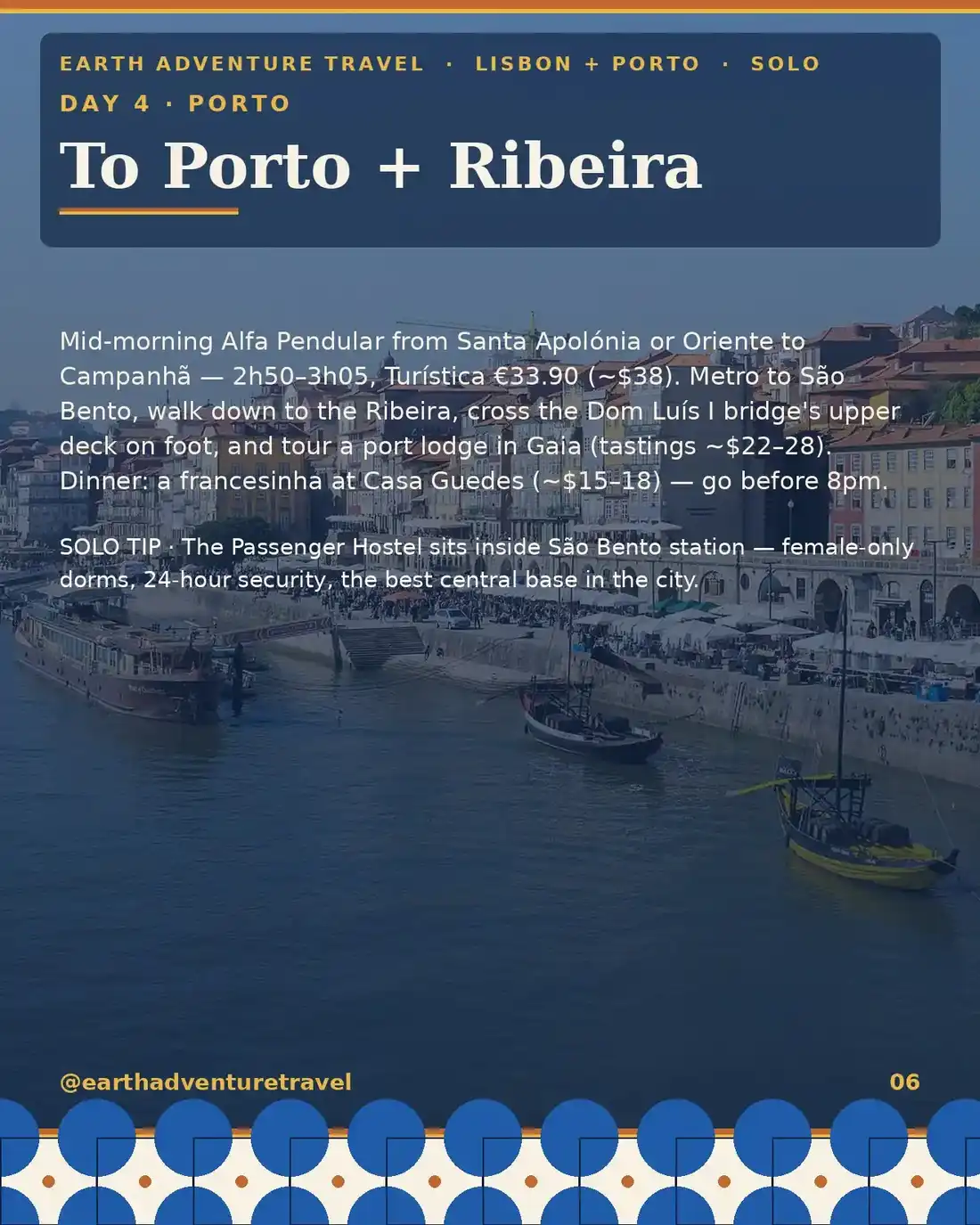 Day 4 itinerary card: Lisbon to Porto, Ribeira