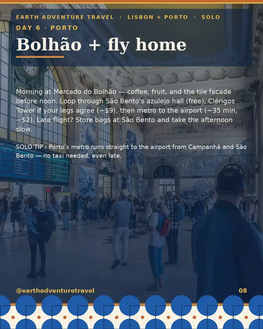 Day 6 itinerary card: Bolhão market, fly home