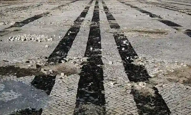 Portuguese calçada cobblestone pavement up close
