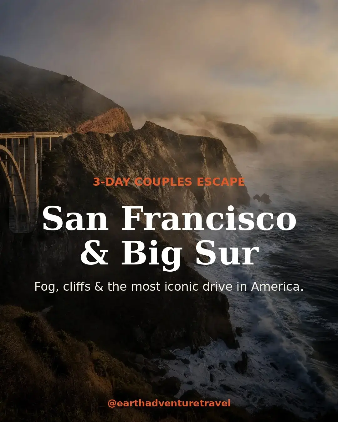 Bixby Bridge cliffs in golden fog — San Francisco and Big Sur couples trip