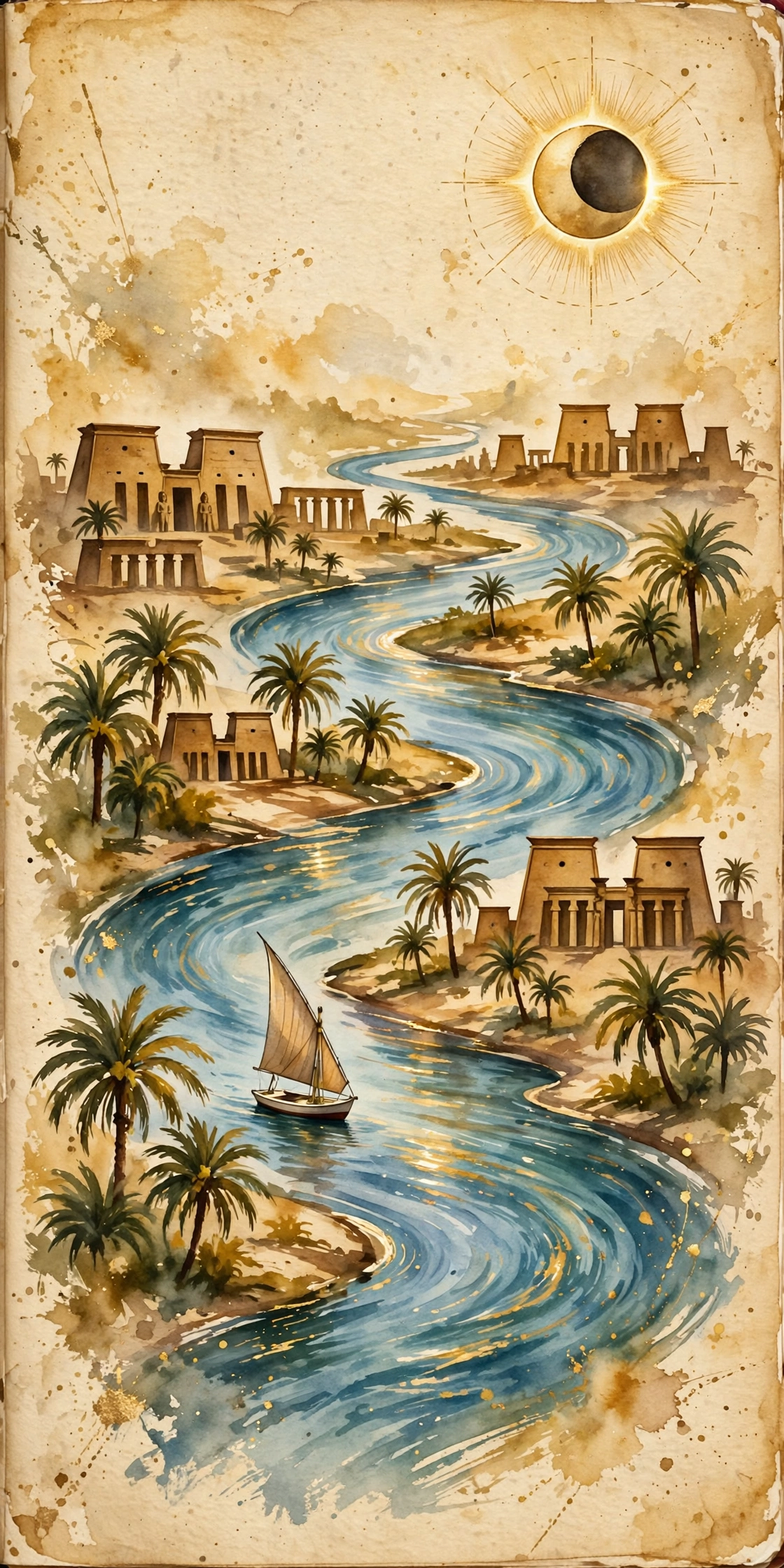 Painterly trip plan: the Nile winding between Luxor temples under an eclipse diagram