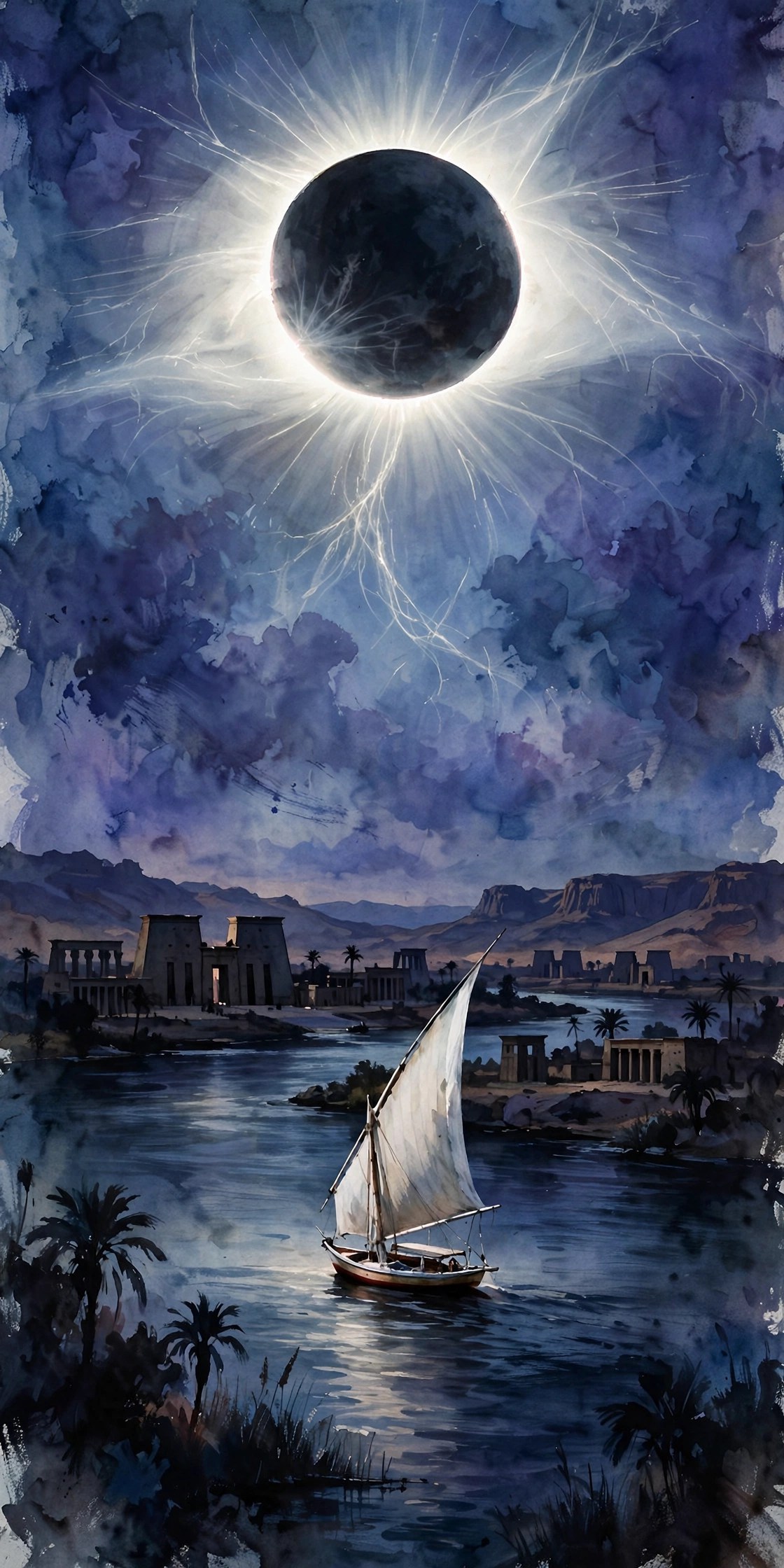 Day 3 graphic: total solar eclipse over the Nile with a felucca