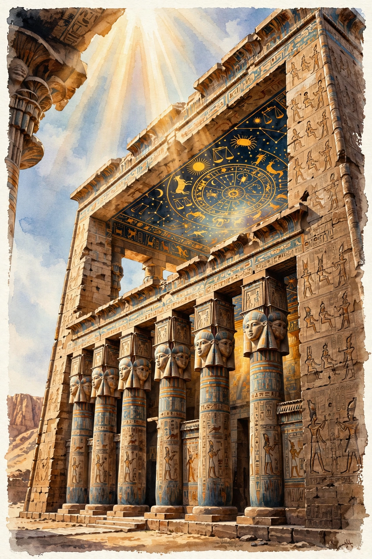Day 5 graphic: the Temple of Hathor at Dendera with zodiac ceiling