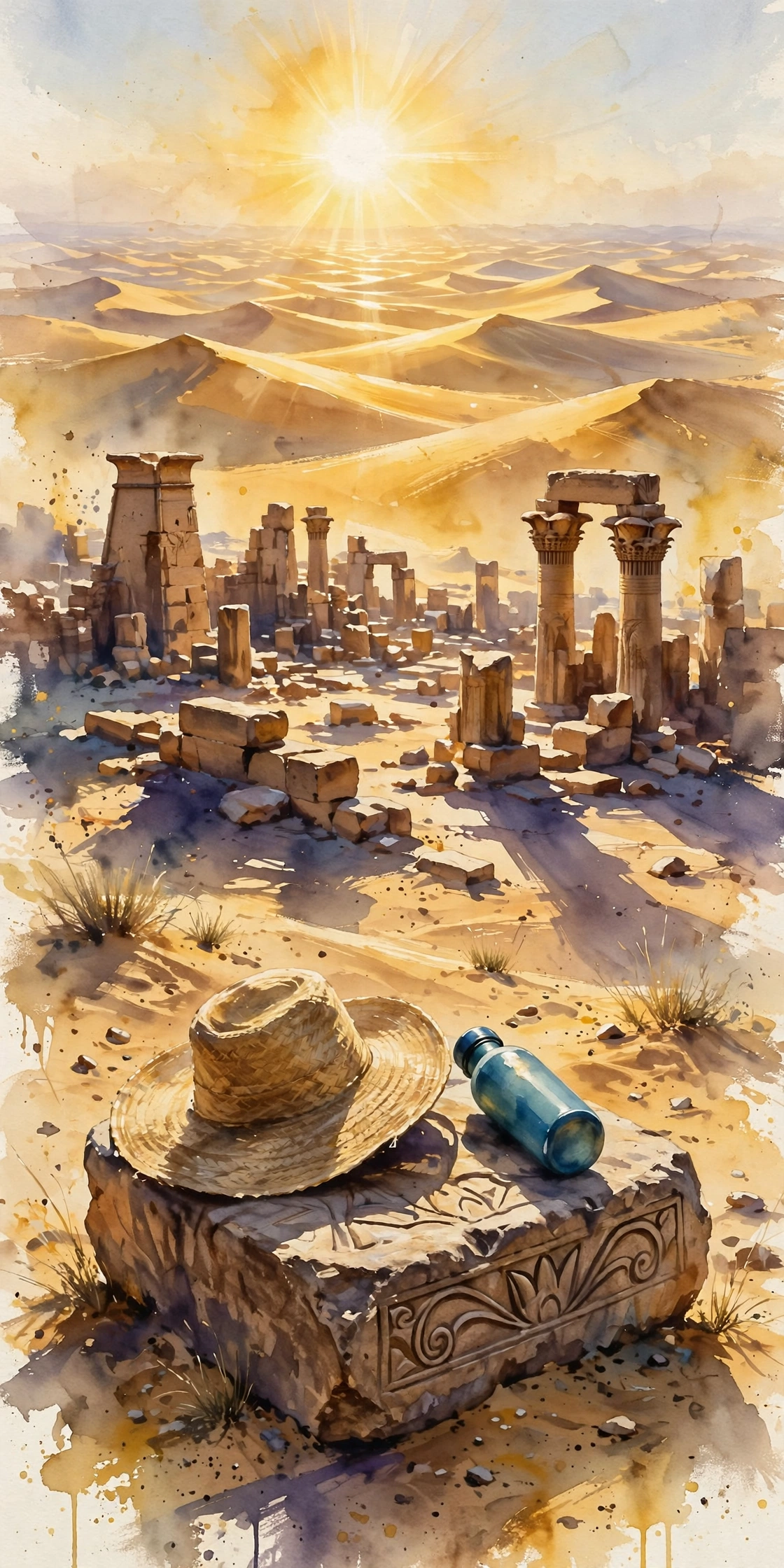 Painterly packing graphic: desert sun over temple ruins with sun hat and water bottle