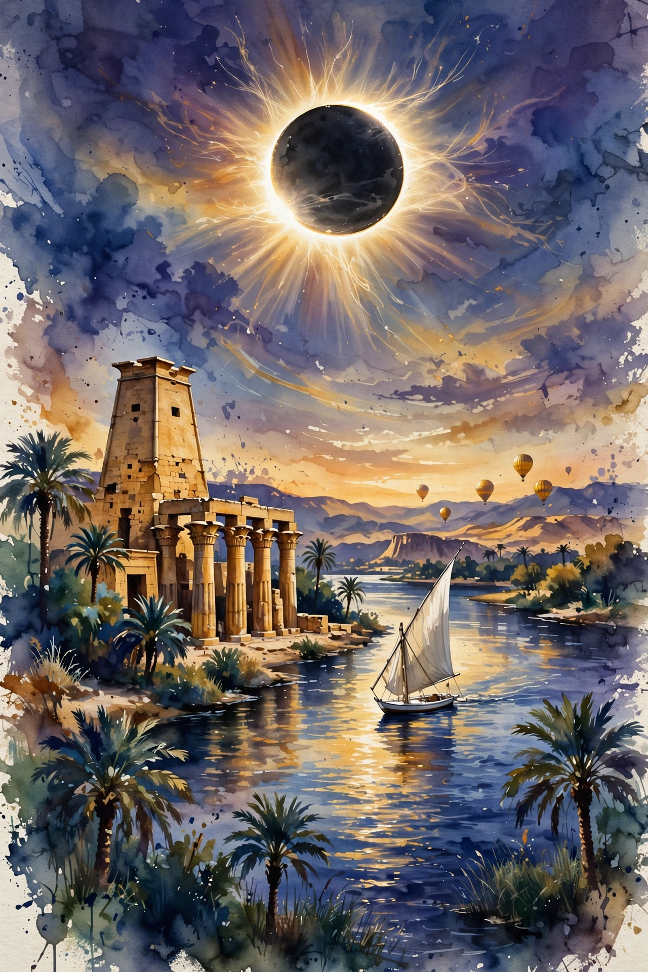 Painterly recap: eclipse corona over the Nile with Luxor temples