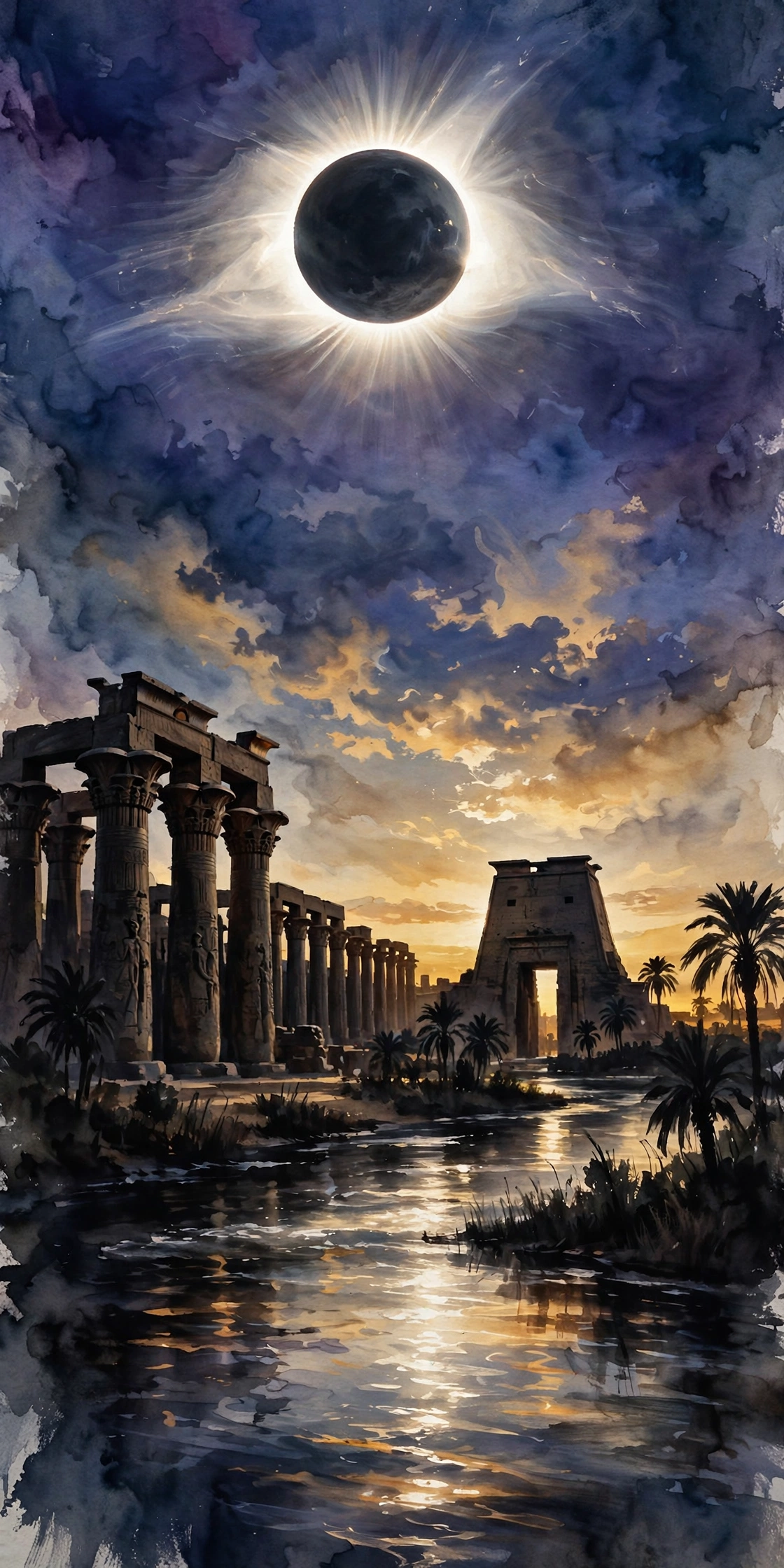 Painterly cover: Luxor's temples under a total solar eclipse over the Nile