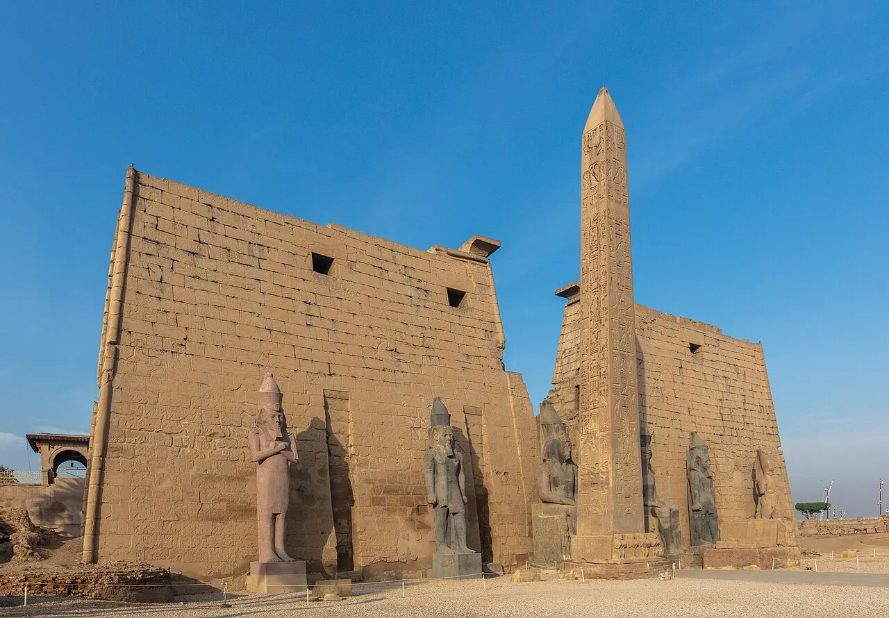 Luxor Temple's first pylon, obelisk, and Ramesses II statues