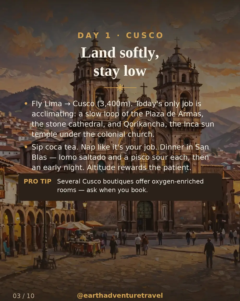 Illustrated day 1: Cusco's colonial plaza at golden hour