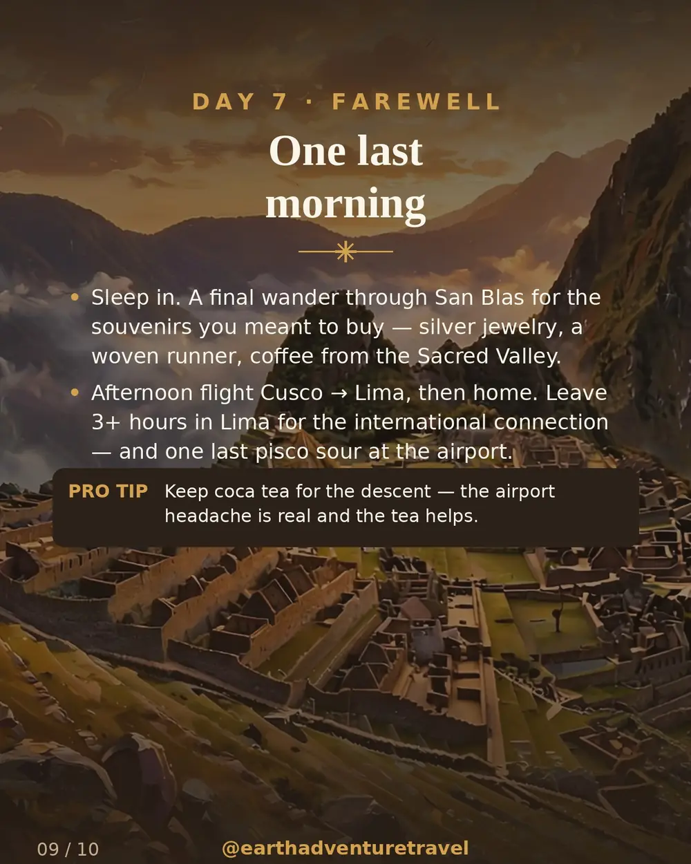 Illustrated day 7: Machu Picchu at sunset from the terraces