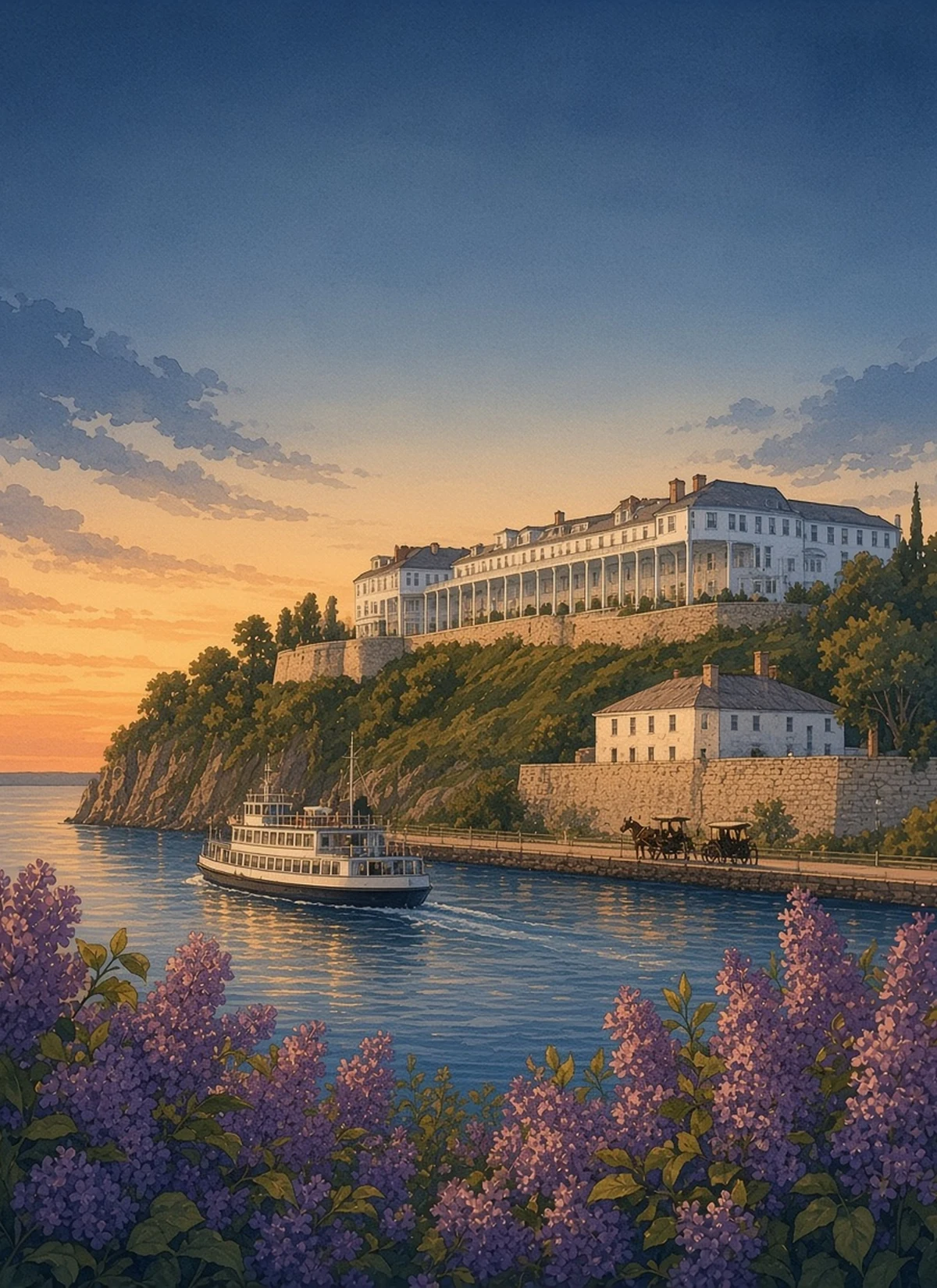 Illustration: the Grand Hotel on the bluff above the Mackinac Island harbor with a ferry and lilacs at dusk