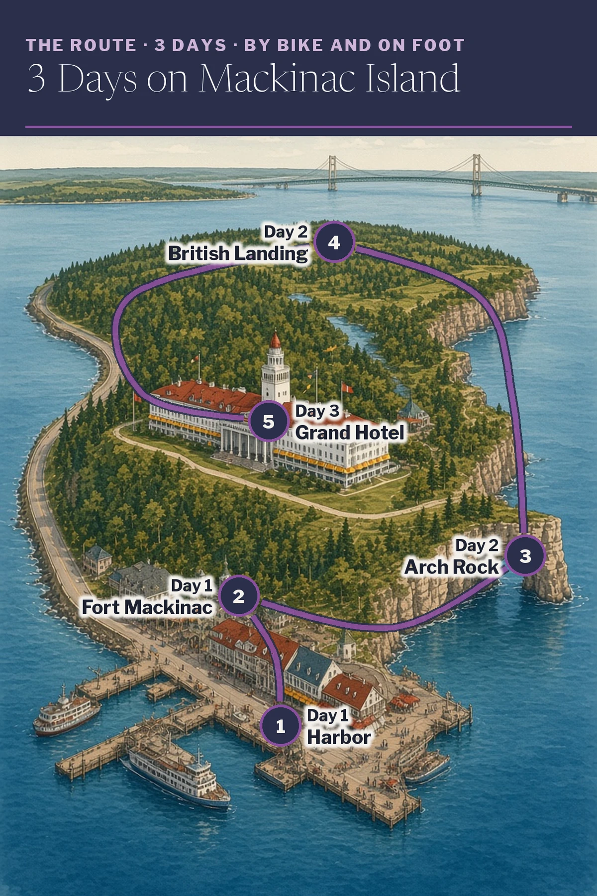 Illustrated route map: Mackinac Island harbor, Fort Mackinac, Arch Rock, British Landing, Grand Hotel