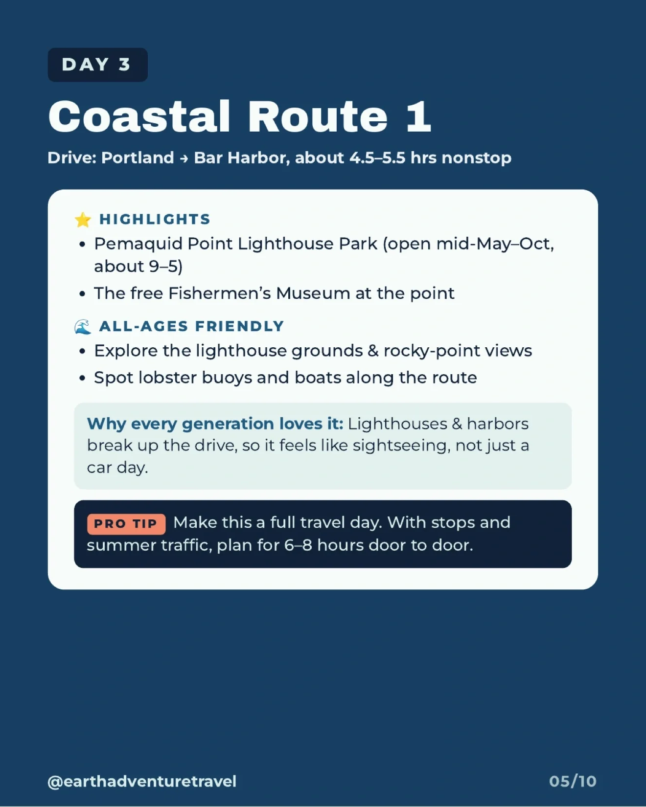 Illustration of the coastal Route 1 drive toward Pemaquid Point and Bar Harbor