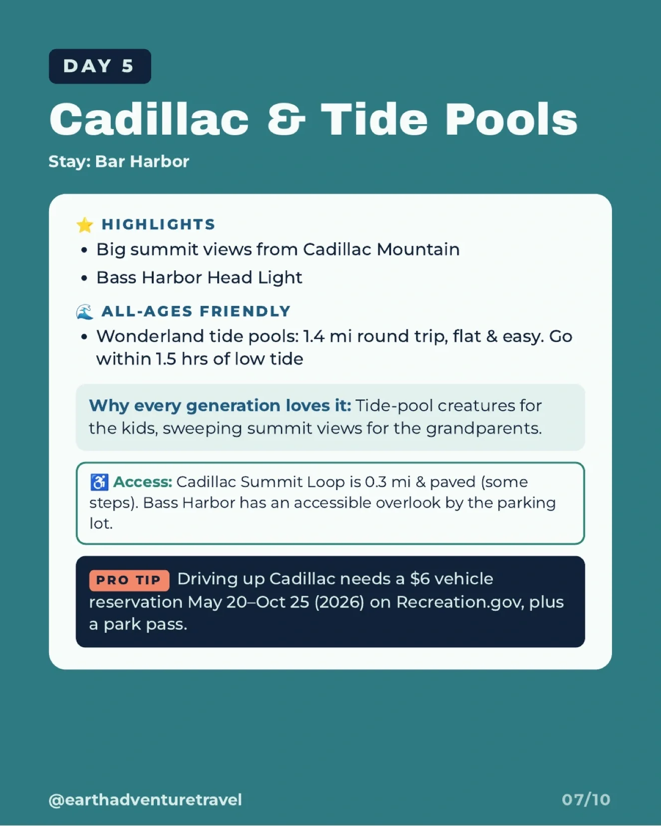 Illustration of Cadillac Mountain, Bass Harbor Head Light, and coastal tide pools