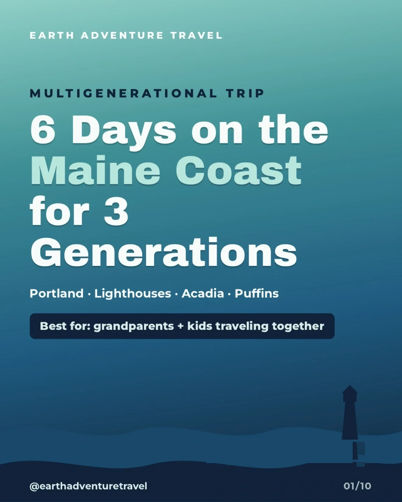 Illustrated multigenerational family on Maine’s rocky coast near a lighthouse