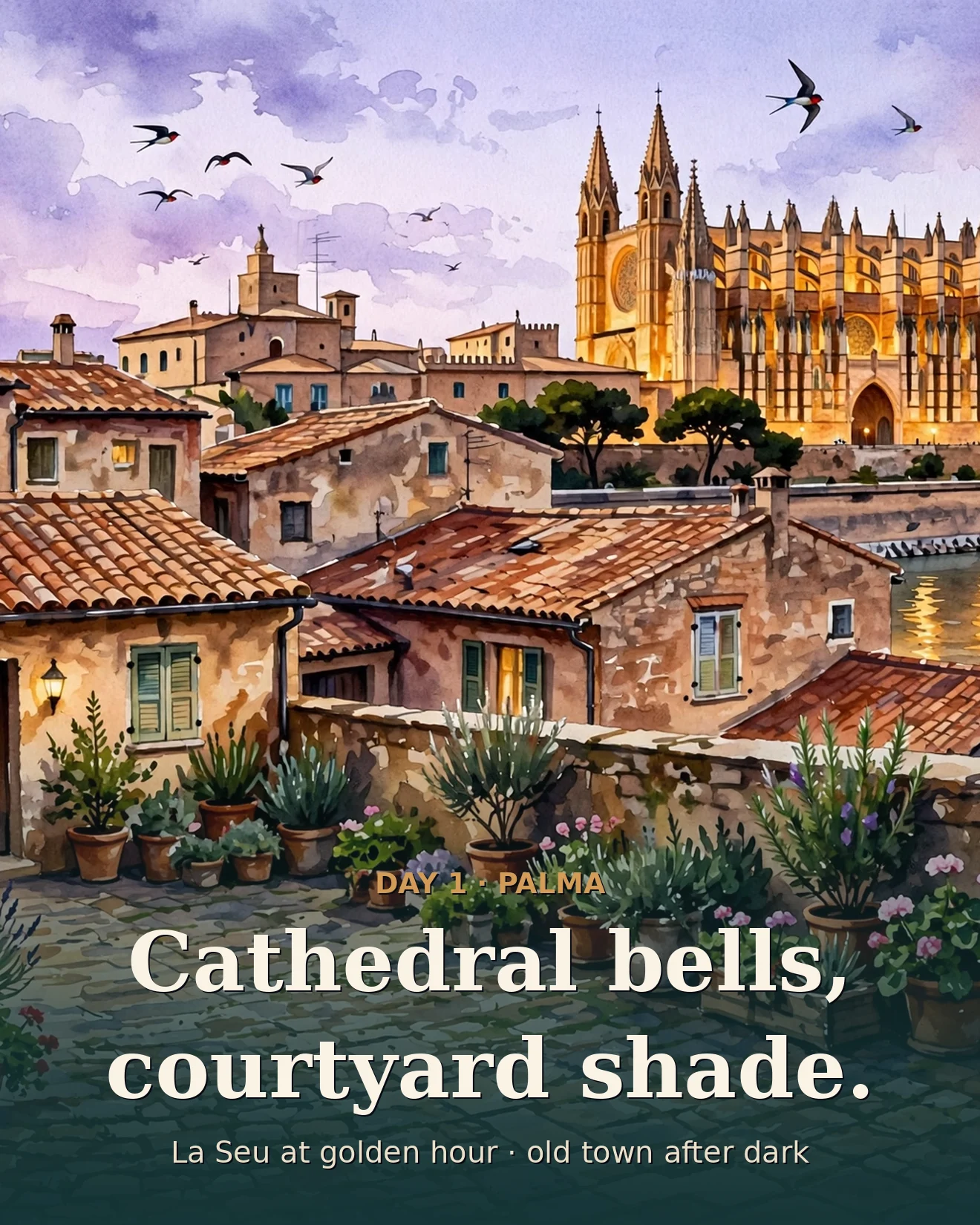Illustration of Palma old town at dusk with La Seu cathedral glowing by the sea