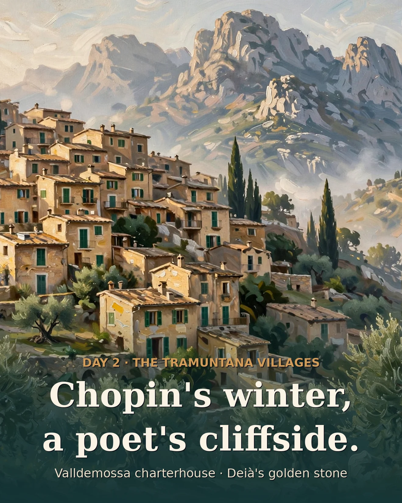 Illustration of Valldemossa village with honey-stone houses beneath the Tramuntana peaks