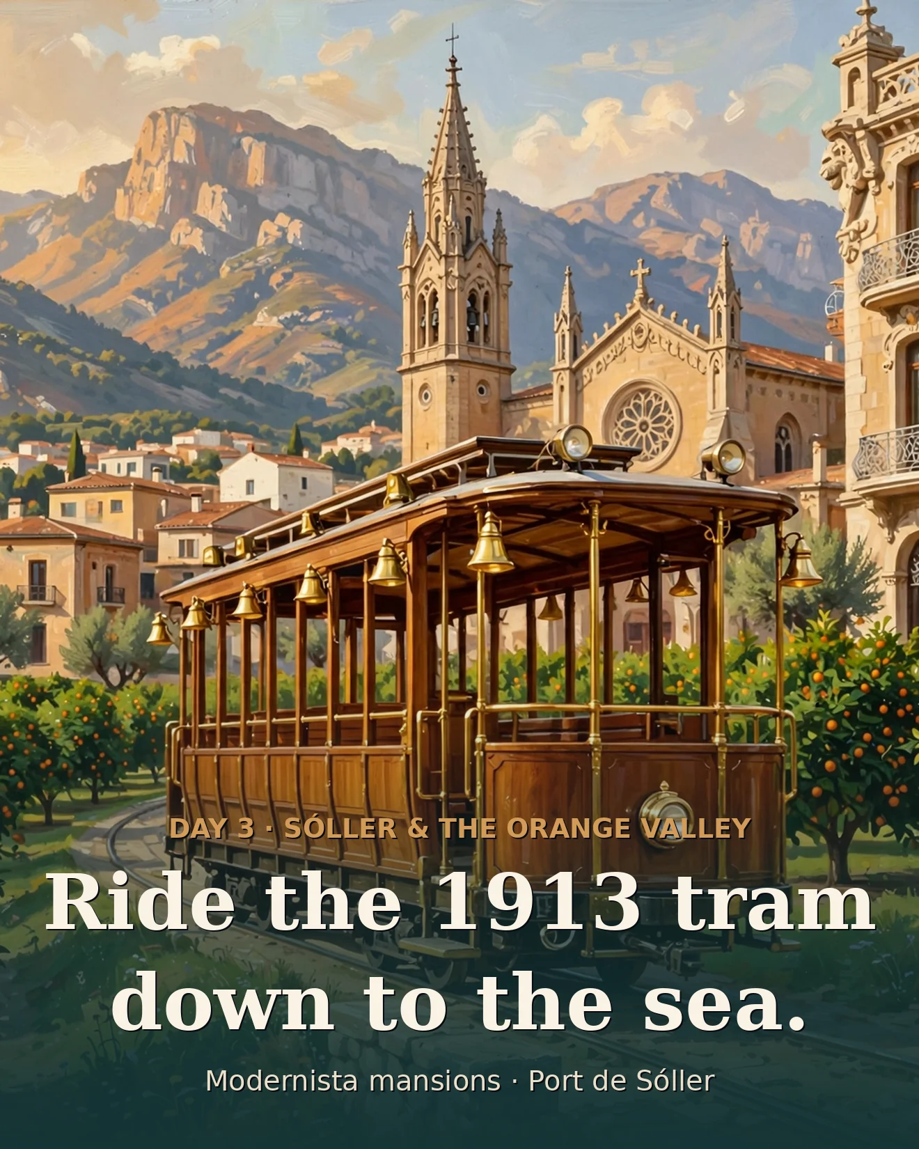 Illustration of the vintage wooden Sóller tram among orange groves with the church and mountains behind