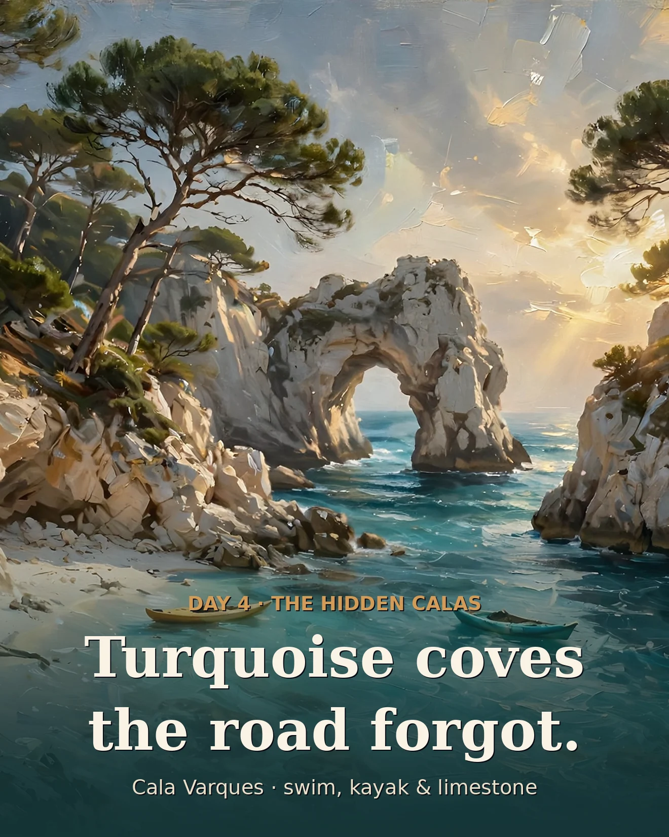 Illustration of Cala Varques with its natural stone arch, kayaks and turquoise water