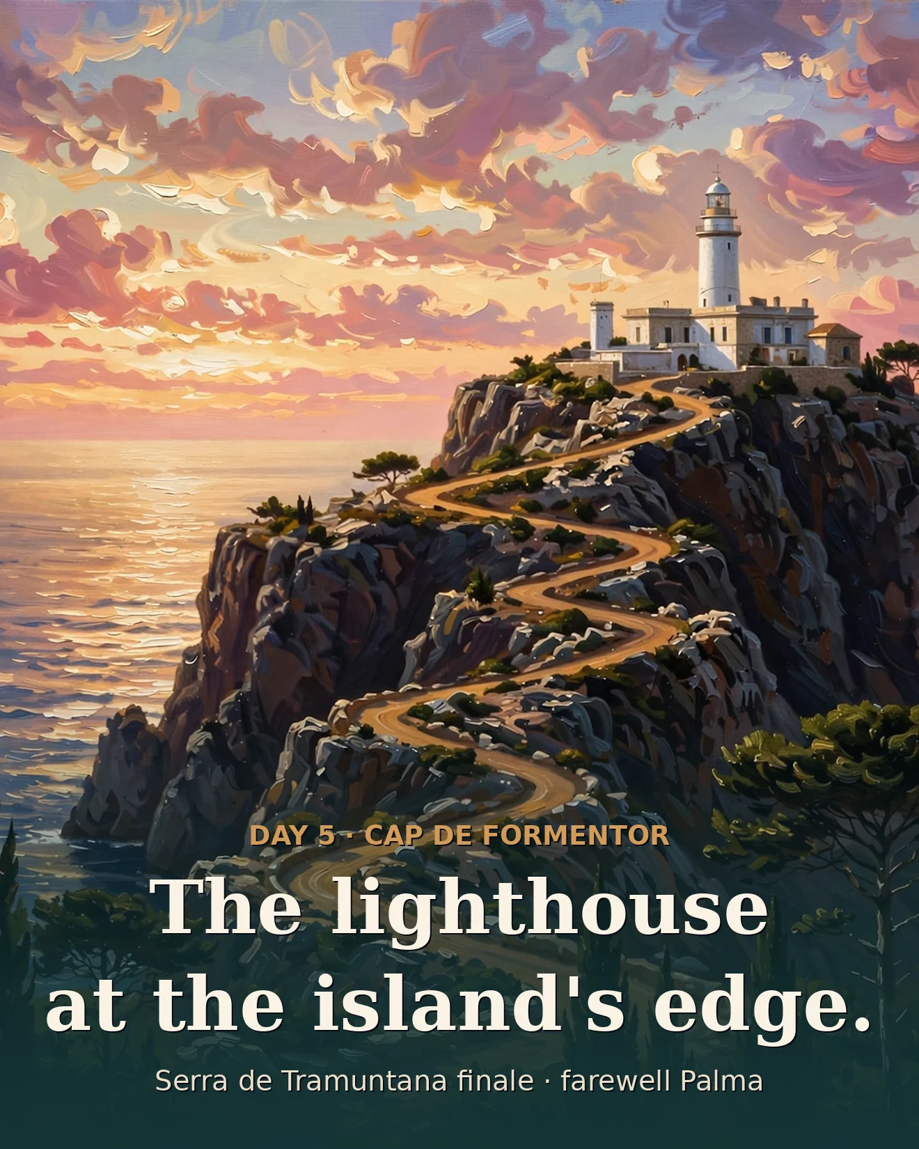 Illustration of the Cap de Formentor lighthouse on cliffs above the sea at sunset