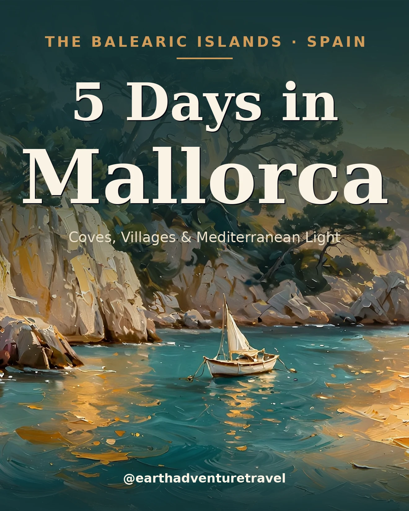 Illustrated cover: a hidden Mallorca cove with limestone cliffs, pine trees and a sailboat at golden hour