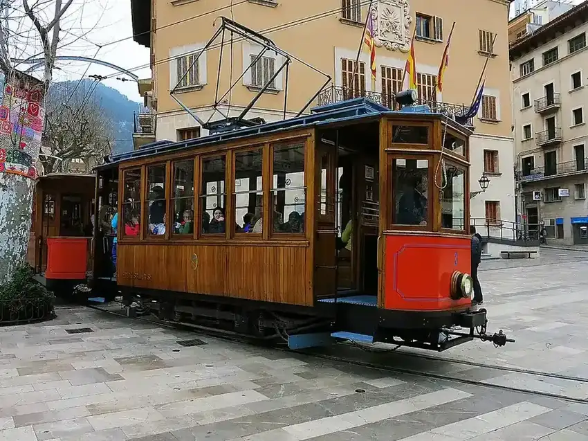 The vintage wooden Sóller tram in the town square