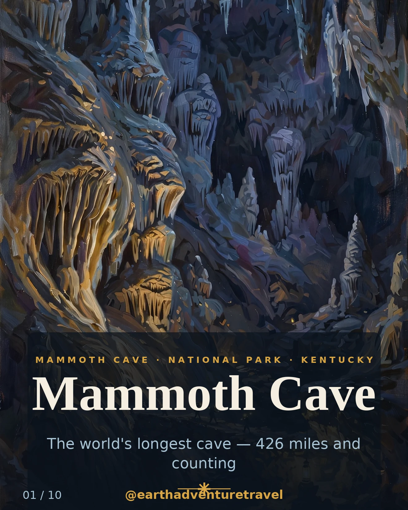 Illustrated Mammoth Cave family guide cover: a vast cave chamber with lantern light and explorers on a stone bridge