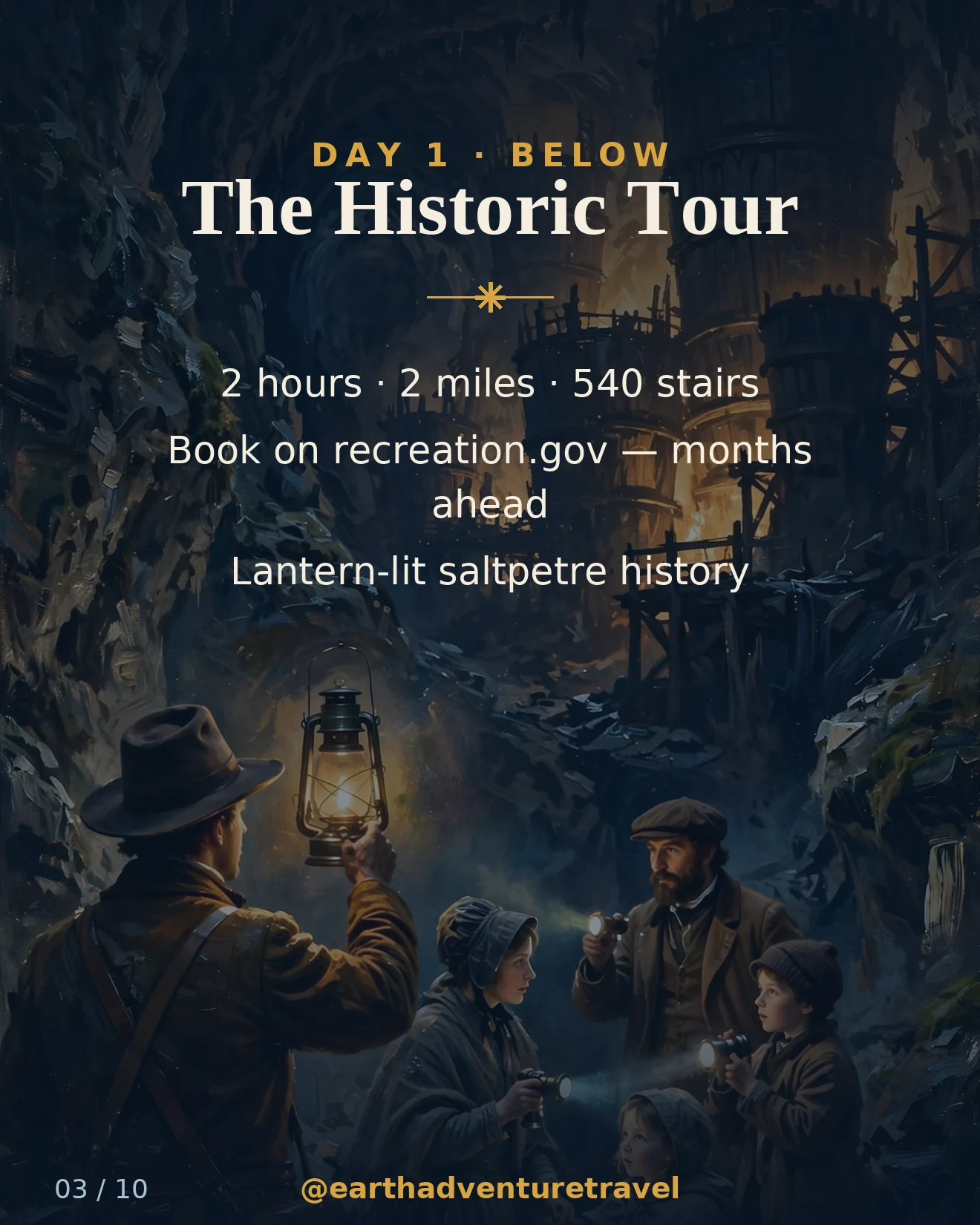 Day 1 graphic: a lantern-lit cave tunnel with historic mining vats