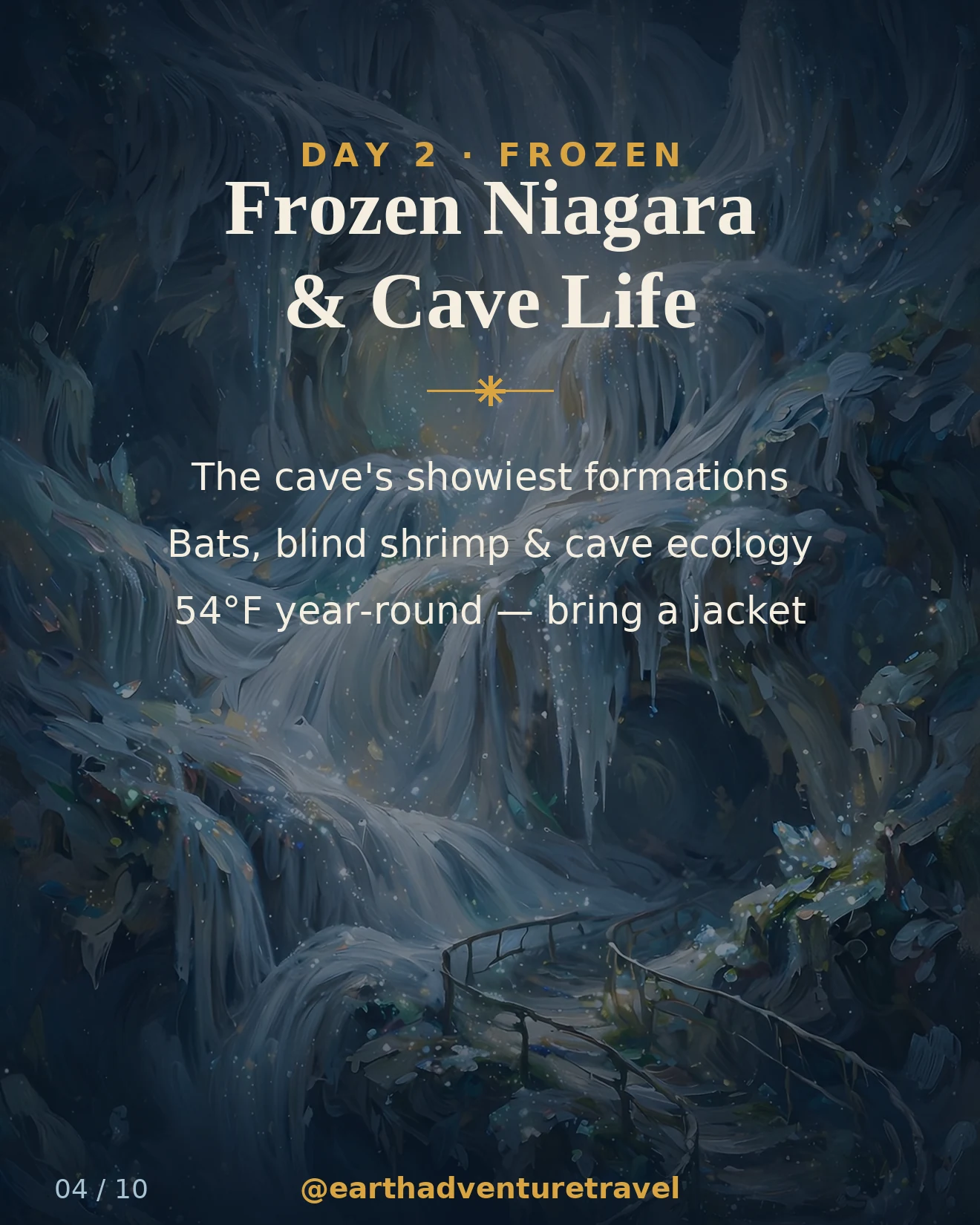 Day 2 graphic: the Frozen Niagara flowstone cascade glowing in the cave