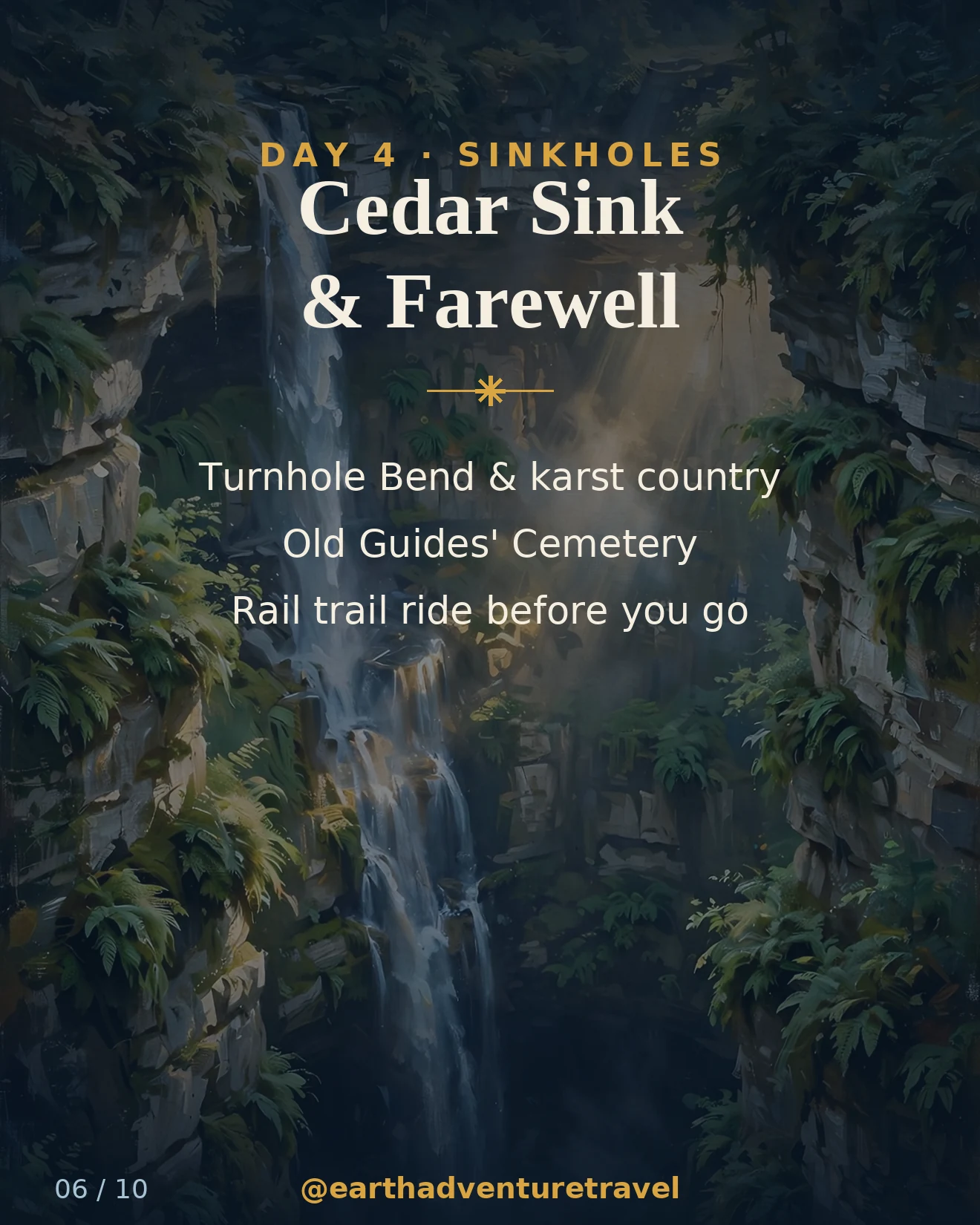 Day 4 graphic: Cedar Sink, a waterfall plunging into a Kentucky sinkhole