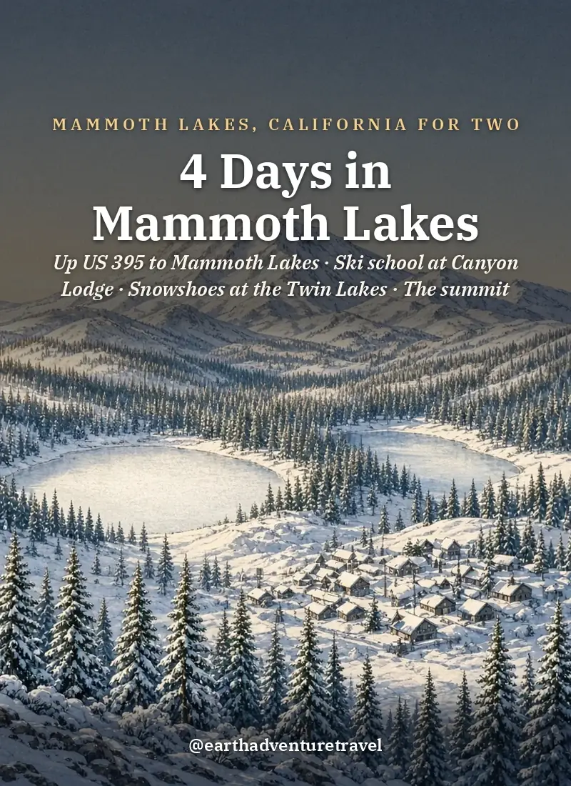 Original Illustration: the snowy dome of Mammoth Mountain above frozen lakes and pines