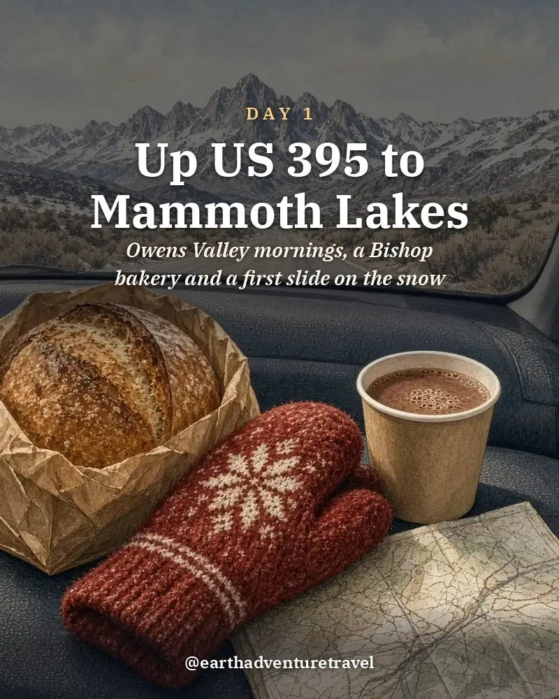 Illustrated day card: Owens Valley mornings, a Bishop bakery and a first slide on the snow
