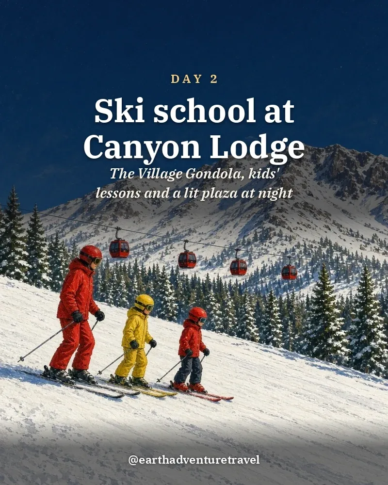 Illustrated day card: The Village Gondola, kids' lessons and a lit plaza at night