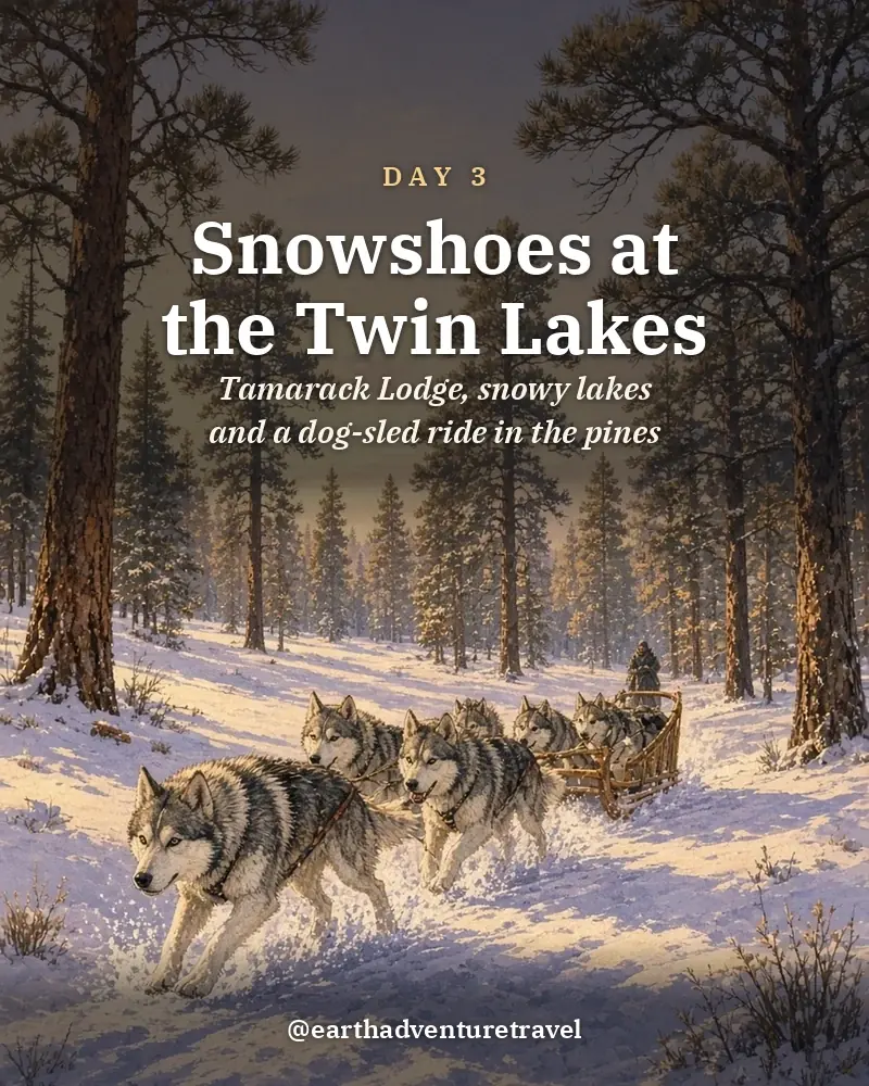 Illustrated day card: Tamarack Lodge, snowy lakes and a dog-sled ride in the pines