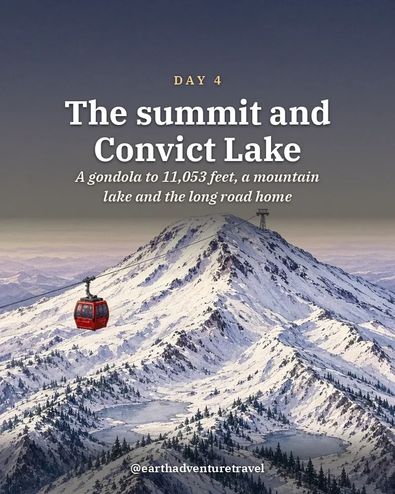 Illustrated day card: A gondola to 11,053 feet, a mountain lake and the long road home