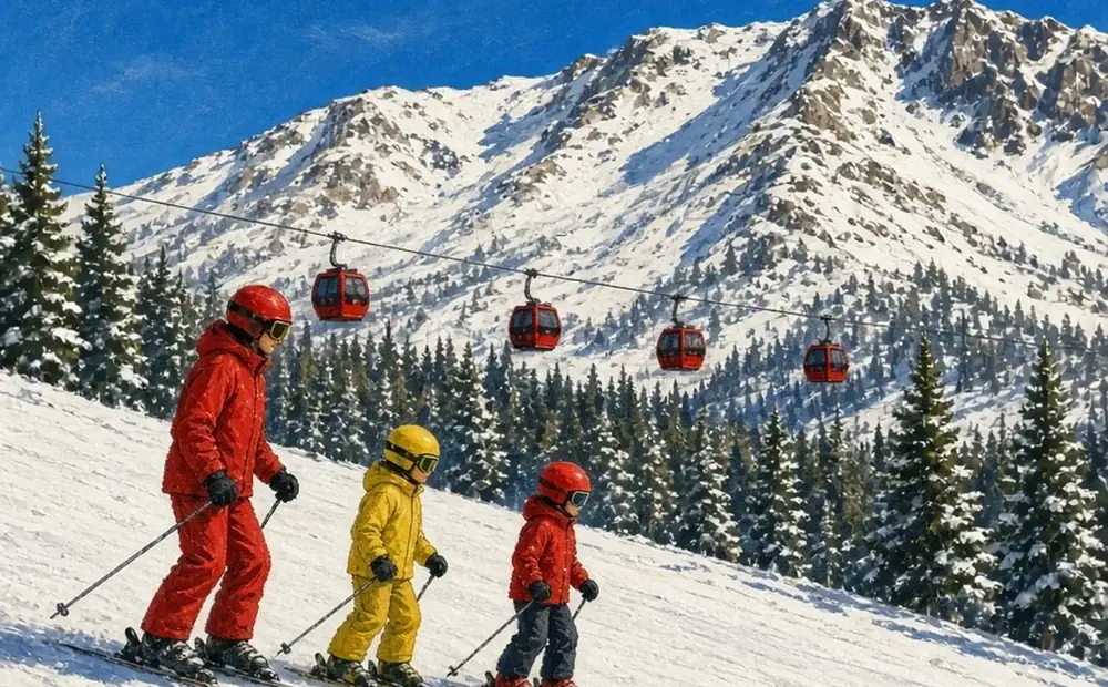 Illustrated family skiing together on a gentle snowy slope at Canyon Lodge