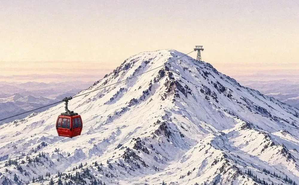 Illustrated gondola cabin rising toward the snowy summit of Mammoth Mountain