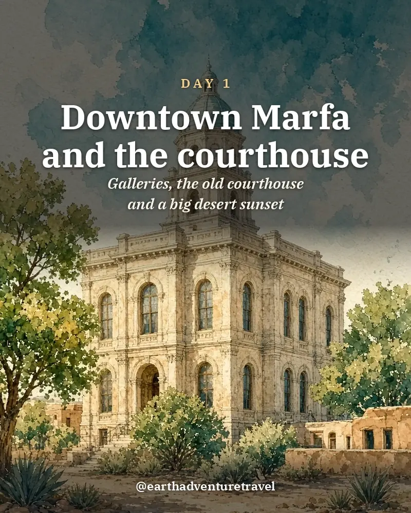 Illustrated day card: Galleries, the old courthouse and a big desert sunset