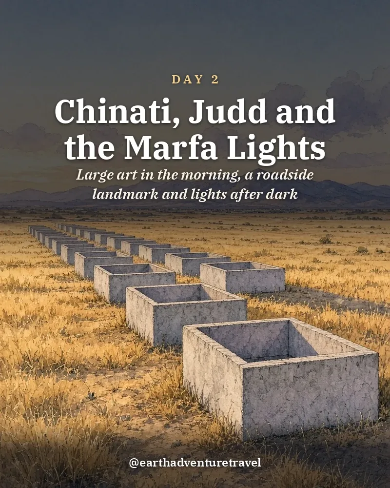 Illustrated day card: Large art in the morning, a roadside landmark and lights after dark