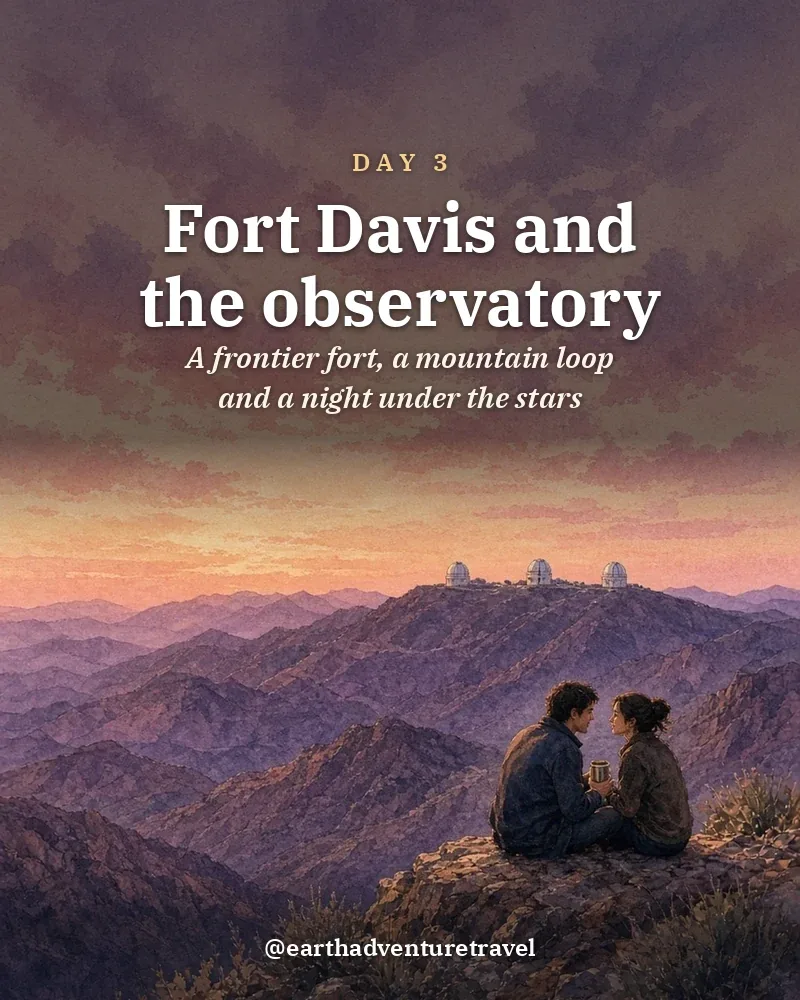 Illustrated day card: A frontier fort, a mountain loop and a night under the stars