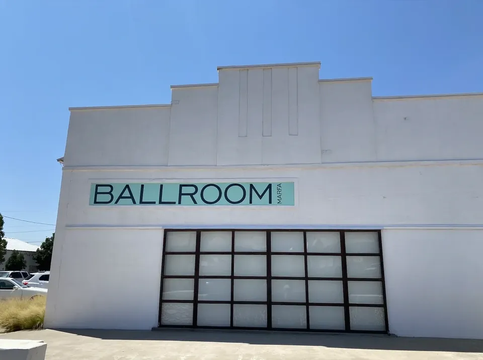 The facade of Ballroom Marfa on a street in Marfa, Texas